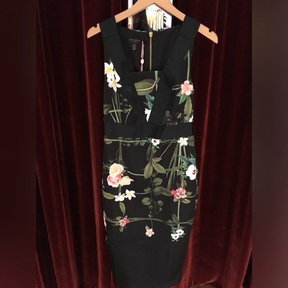 Ted Baker Black Floral Square Neck Midi Dress - Picture 5 of 6